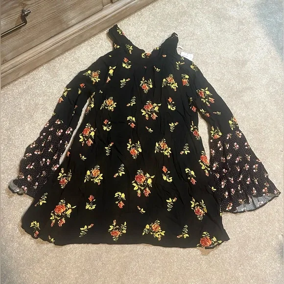 FREE PEOPLE Women’s Tate Black Floral Tie Neck Mini Shift Dress Tunic XS - Picture 5 of 11